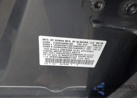 2009 Honda Pilot Ex-L from USA, damaged, VIN 5FNYF48649B031753
